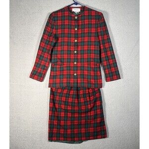 Vntg Carlisle Skirt Suit Small Red Tartan Plaid Wool Dark Academia Clueless Y2K